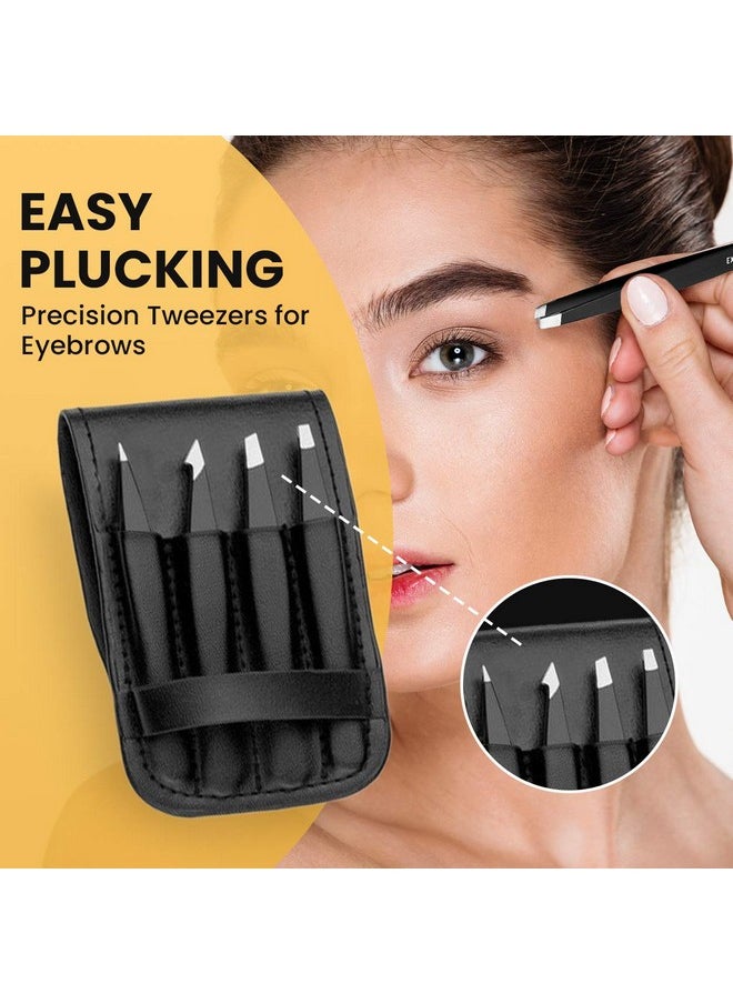 Exclaim Beauty - Xclaim Beauty Tweezers For Women & Men Pack Of 4 Stainless Steel Tweezers Set Precision Tweezers For Eyebrows Splinter Ingrown Hair Removal Tweezers Kit For Women With Leather Case Matte Black - Image 1