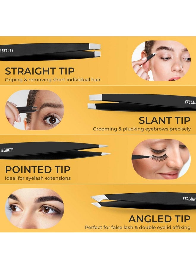 Exclaim Beauty - Xclaim Beauty Tweezers For Women & Men Pack Of 4 Stainless Steel Tweezers Set Precision Tweezers For Eyebrows Splinter Ingrown Hair Removal Tweezers Kit For Women With Leather Case Matte Black - Image 1