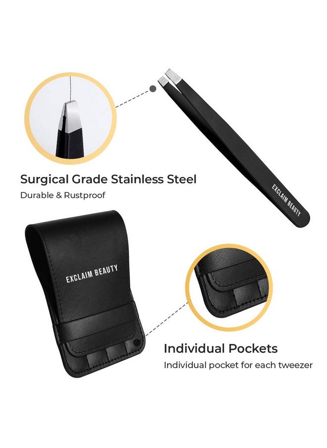 Exclaim Beauty - Xclaim Beauty Tweezers For Women & Men Pack Of 4 Stainless Steel Tweezers Set Precision Tweezers For Eyebrows Splinter Ingrown Hair Removal Tweezers Kit For Women With Leather Case Matte Black - Image 1