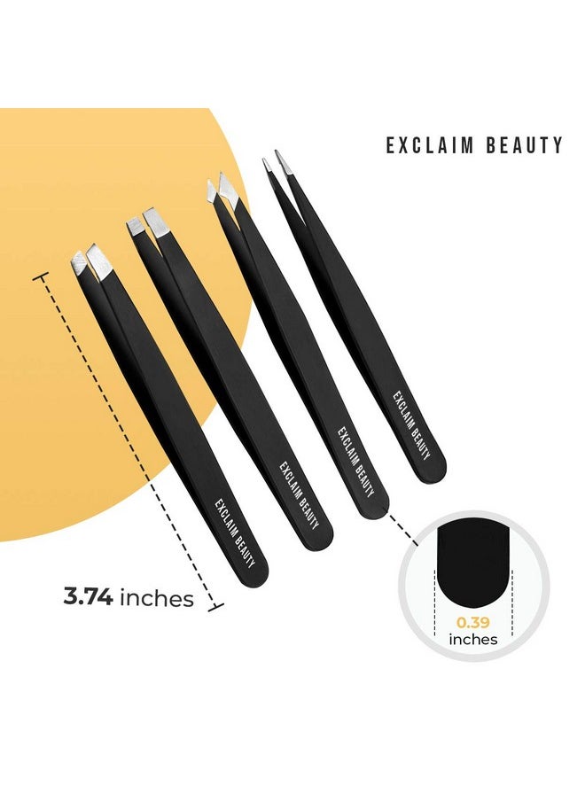 Exclaim Beauty - Xclaim Beauty Tweezers For Women & Men Pack Of 4 Stainless Steel Tweezers Set Precision Tweezers For Eyebrows Splinter Ingrown Hair Removal Tweezers Kit For Women With Leather Case Matte Black - Image 1