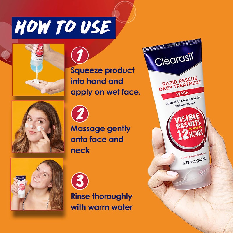 Clearasil غسول وجه Clearasil Rapid Rescue لعلاج حب الشباب العميق، قوة قصوى مع 2% حمض الساليسيليك، منظف وجه لحب الشباب، 6.78 أونصة سائلة (عبوة من 3)  - Image 3