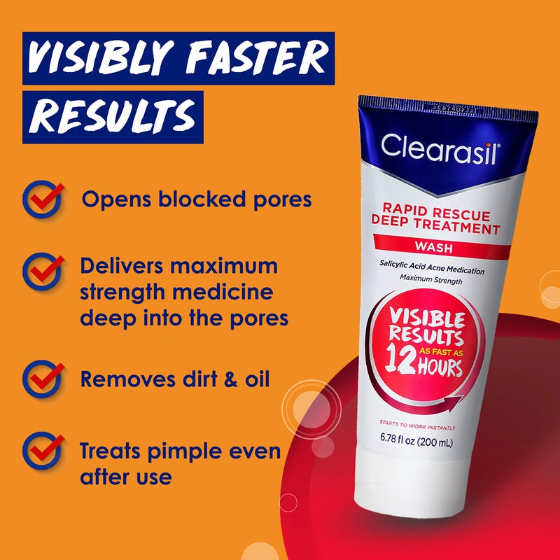 Clearasil غسول وجه Clearasil Rapid Rescue لعلاج حب الشباب العميق، قوة قصوى مع 2% حمض الساليسيليك، منظف وجه لحب الشباب، 6.78 أونصة سائلة (عبوة من 3)  - Image 2