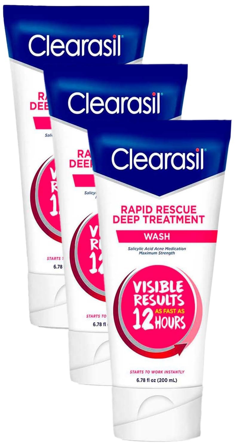 Clearasil غسول وجه Clearasil Rapid Rescue لعلاج حب الشباب العميق، قوة قصوى مع 2% حمض الساليسيليك، منظف وجه لحب الشباب، 6.78 أونصة سائلة (عبوة من 3)  - Image 1