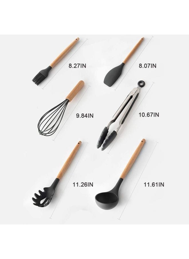 11-Piece Cooking Utensils Set With Wooden Handles Metal Container, Cookware,Kitchen Utensils,Silicone Utensils, Nonstick Cookware, Heat Resistance Black/Brown 11.93inch  - Image 3