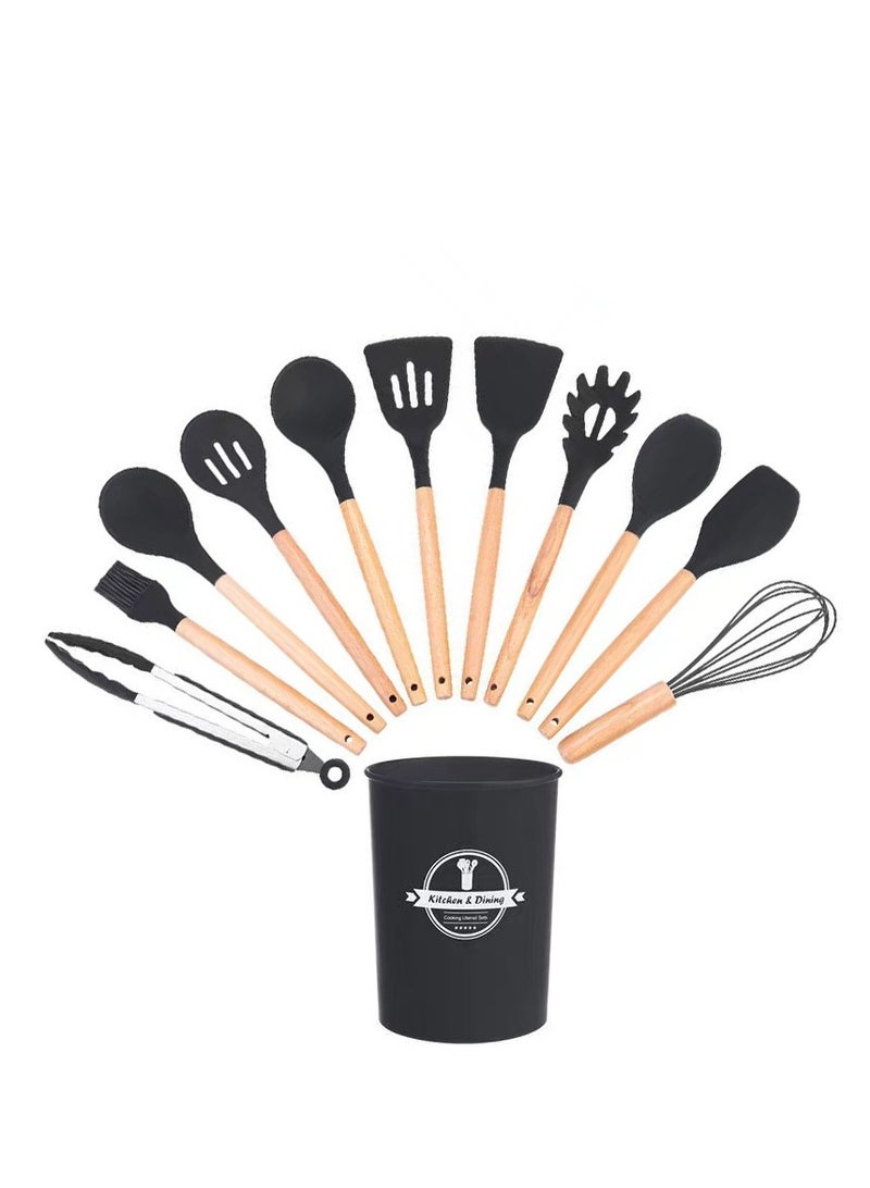11-Piece Cooking Utensils Set With Wooden Handles Metal Container, Cookware,Kitchen Utensils,Silicone Utensils, Nonstick Cookware, Heat Resistance Black/Brown 11.93inch  - Image 1