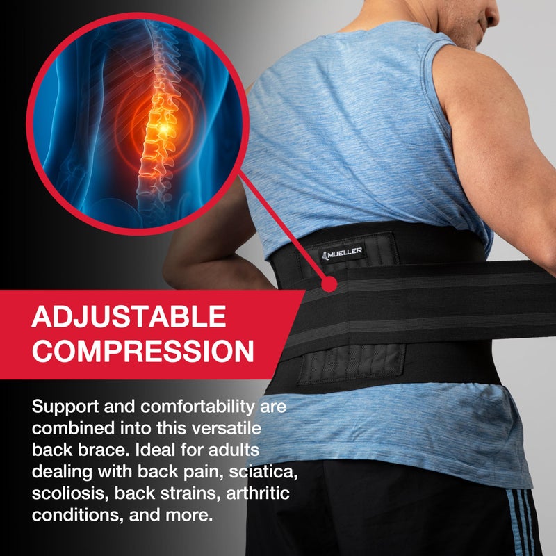MUELLER Sports Medicine Adjustable Back Brace, Ideal for Upper and Lower Back Pain, Relief & Support for Men and Women, Strains, Sciatica, Scoliosis, Black, Small - Image 3