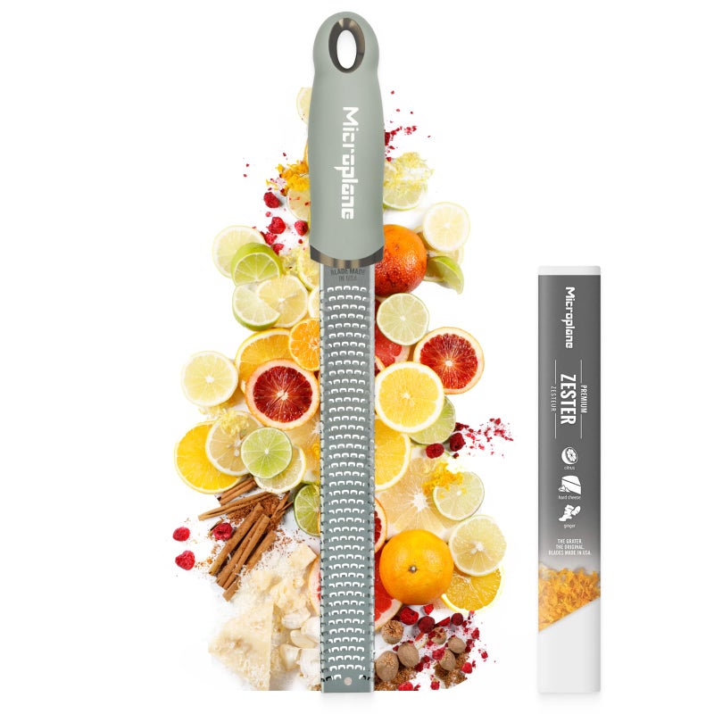 Microplane Zester Grater in Sage Green for Citrus Fruits Hard Cheese Ginger Chocolate and Nutmeg with Fine Stainless Steel Blade  Made in USA