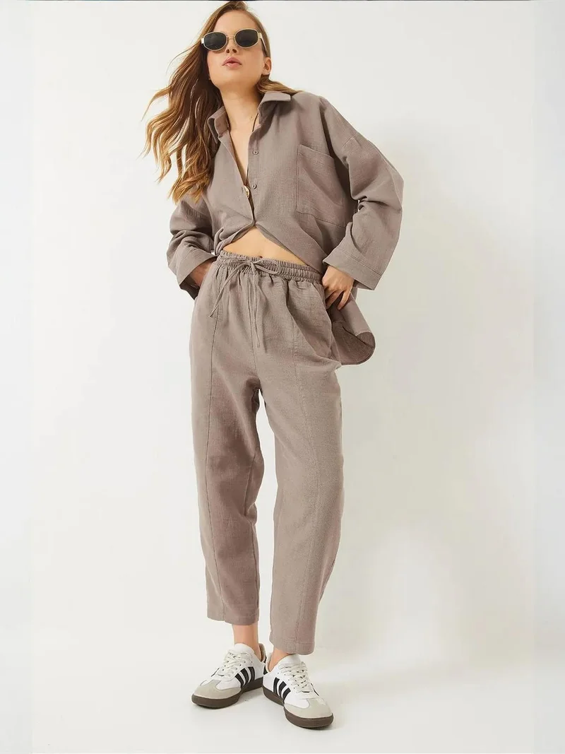 LUCCI Textured Cotton Oversized Shirt and Wide Leg Pants Set
