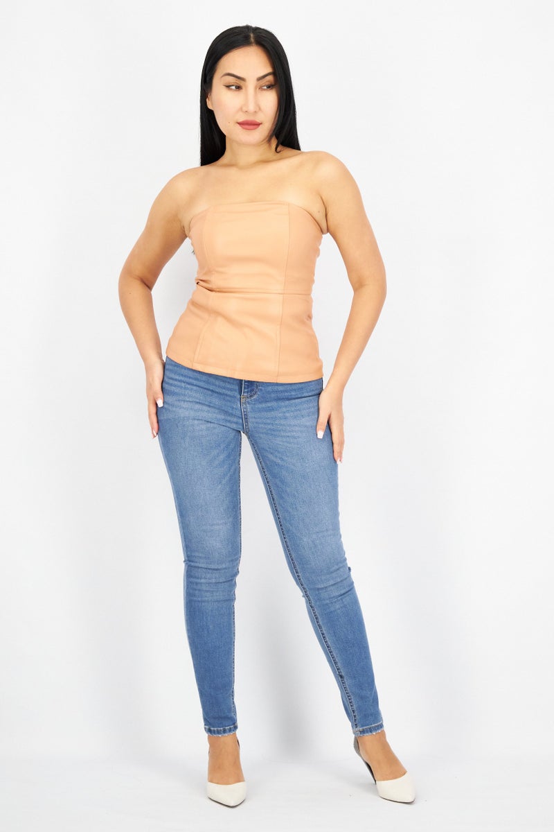 4th & Reckless Women Straight Across Strapless Plain Tops, Brown  - Image 3