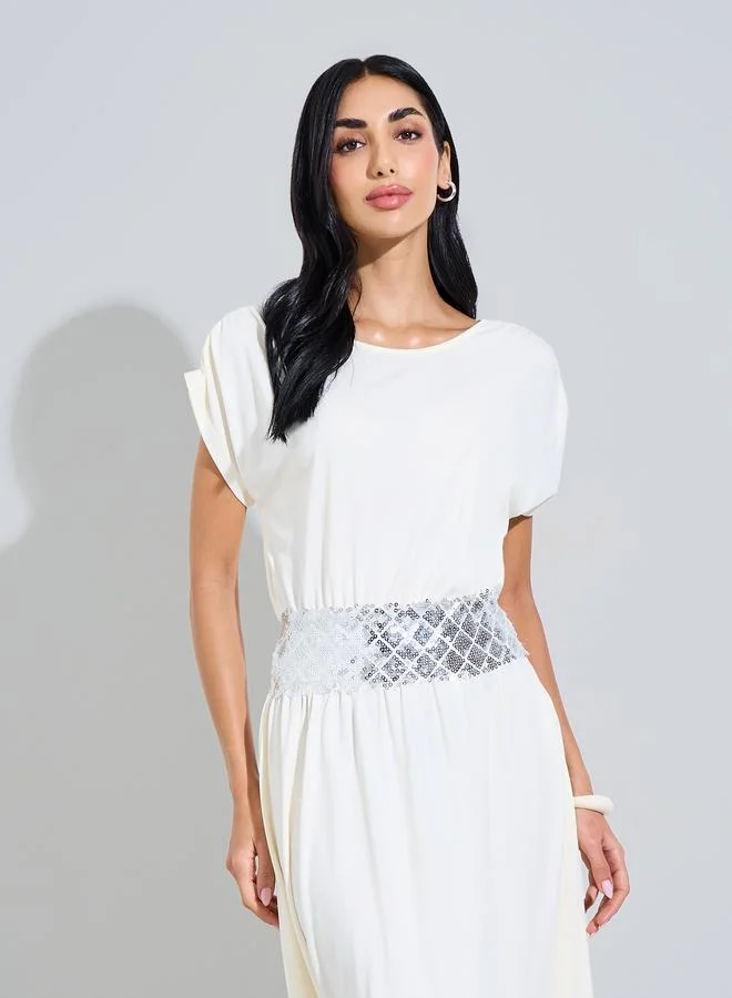 ستايلي Beige Solid Sequin Embellished A-Line Midi Dress