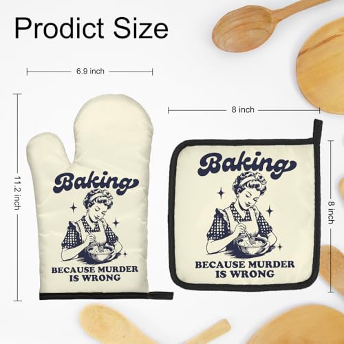 DYJYBMY Baking Because Murder is Wrong Funny Oven Mitts and Pot Holder Set, Humorous Vintage Lady Kitchen Gadgets for Women, Birthday Gifts for Bake Lover Chef, Hostess Gifts for Mom Wife Sister BFF - Image 2