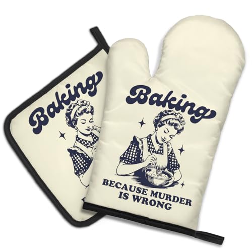 DYJYBMY Baking Because Murder is Wrong Funny Oven Mitts and Pot Holder Set, Humorous Vintage Lady Kitchen Gadgets for Women, Birthday Gifts for Bake Lover Chef, Hostess Gifts for Mom Wife Sister BFF - Image 1