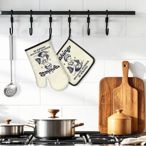 DYJYBMY Baking Because Murder is Wrong Funny Oven Mitts and Pot Holder Set, Humorous Vintage Lady Kitchen Gadgets for Women, Birthday Gifts for Bake Lover Chef, Hostess Gifts for Mom Wife Sister BFF - Image 4