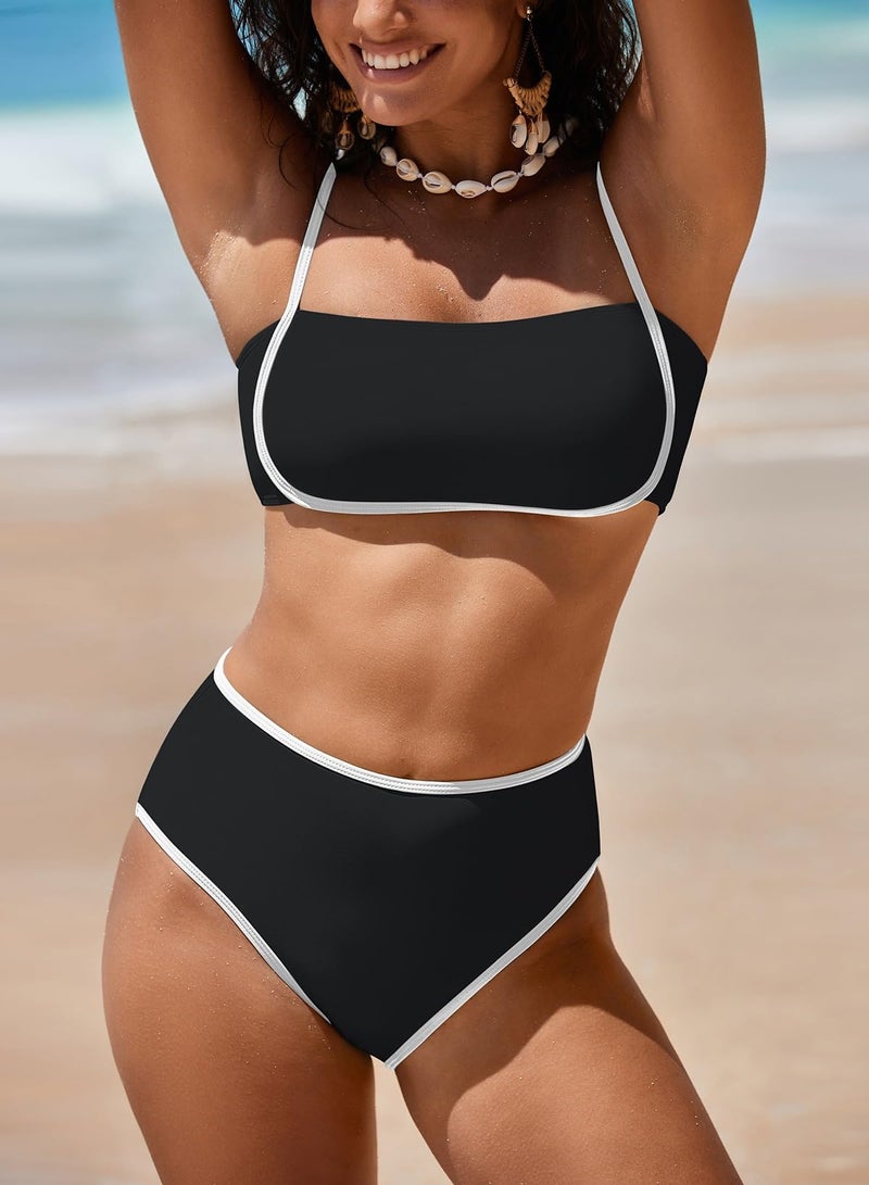Pink Queen Women's High Waisted Bikini Sets Sporty Two Piece Swimsuits Color Block Cheeky High Cut Bathing Suits Black M - Image 2