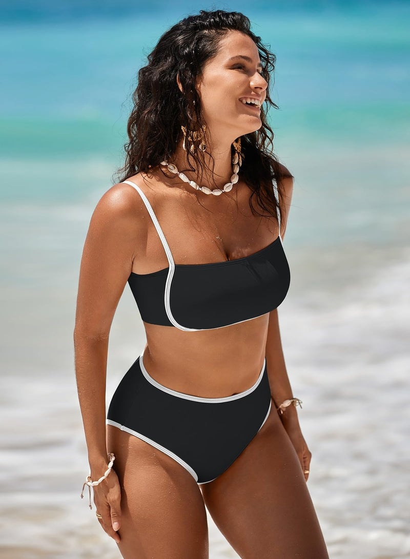Pink Queen Women's High Waisted Bikini Sets Sporty Two Piece Swimsuits Color Block Cheeky High Cut Bathing Suits Black M - Image 5