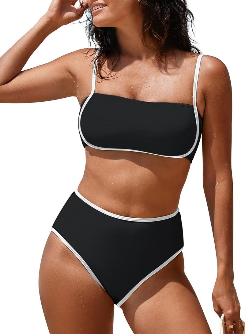 Pink Queen Women's High Waisted Bikini Sets Sporty Two Piece Swimsuits Color Block Cheeky High Cut Bathing Suits Black M - Image 1