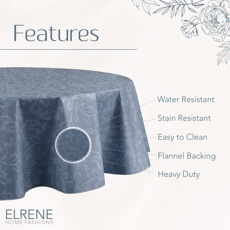 Elrene Home Fashions Camile Floral Damask-Scroll Water- and Stain-Resistant Vinyl Tablecloth with Flannel Backing, 60 Inches X 84 Inches, Oval, Blue - Image 4