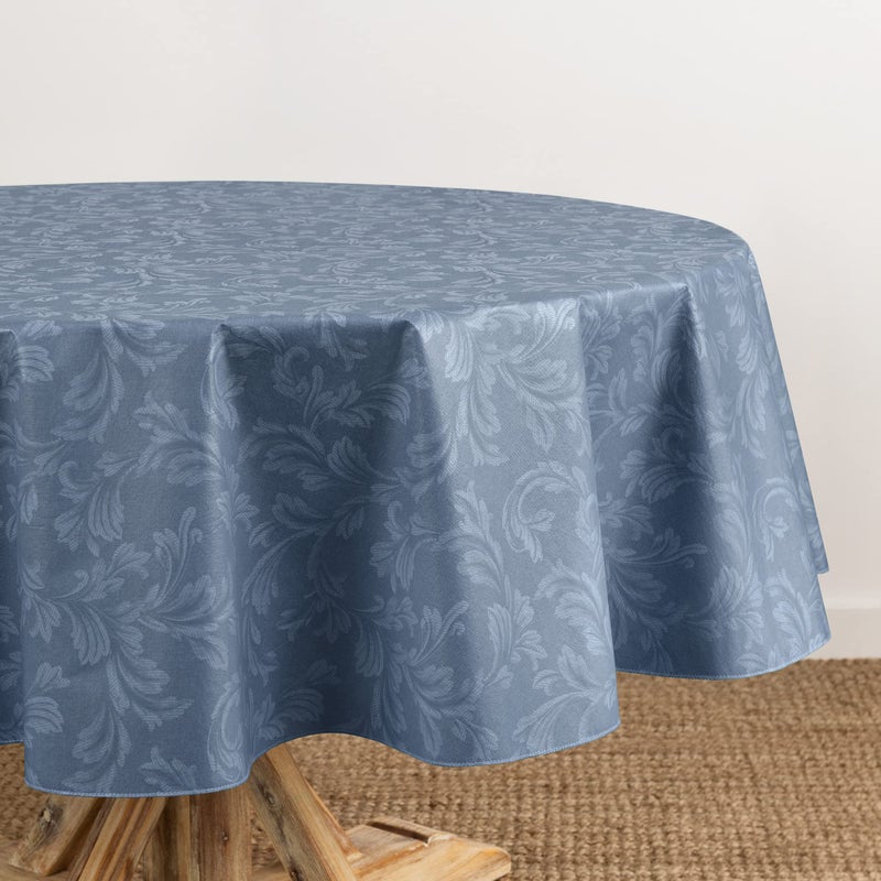 Elrene Home Fashions Camile Floral Damask-Scroll Water- and Stain-Resistant Vinyl Tablecloth with Flannel Backing, 60 Inches X 84 Inches, Oval, Blue - Image 1