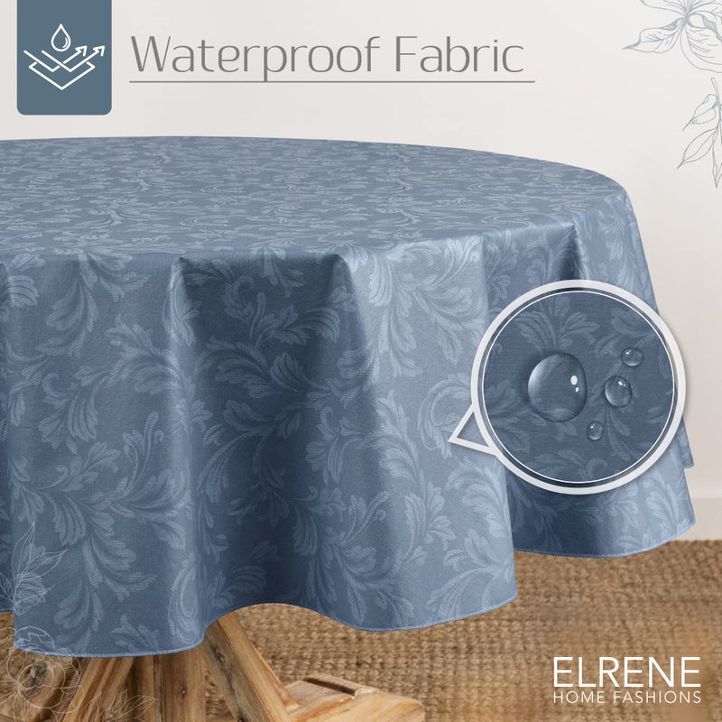 Elrene Home Fashions Camile Floral Damask-Scroll Water- and Stain-Resistant Vinyl Tablecloth with Flannel Backing, 60 Inches X 84 Inches, Oval, Blue - Image 2