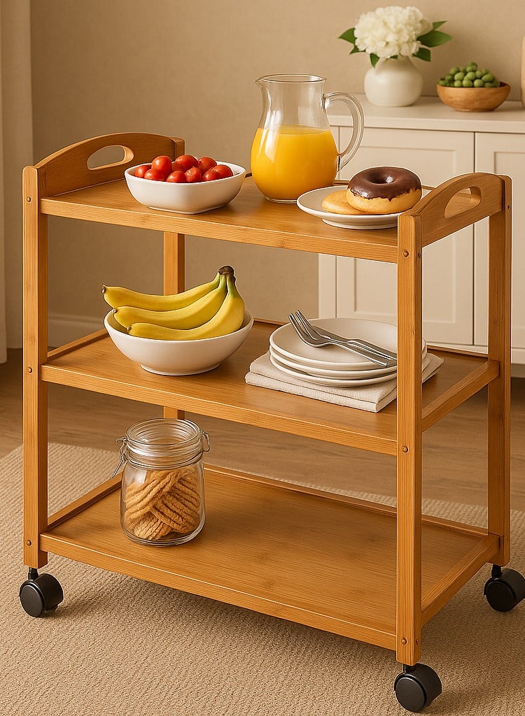 Bamboo Serving Trolley, 3-Tier (60×33×78 cm) Rolling Utility Cart with 360° Rotating Lockable Wheels – Eco-Friendly Kitchen, Bar & Home Storage Organizer - Image 2