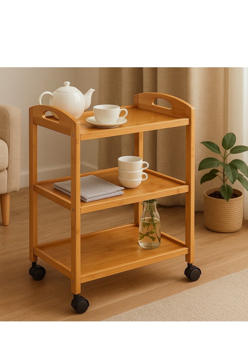Bamboo Serving Trolley, 3-Tier (60×33×78 cm) Rolling Utility Cart with 360° Rotating Lockable Wheels – Eco-Friendly Kitchen, Bar & Home Storage Organizer - Image 3