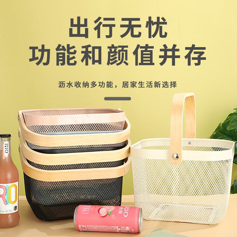 Nordic Light Luxury Iron Portable Storage Basket Wooden Handle Curled Fruit And Vegetable Basket Home Hollow Storage Basket - Image 2