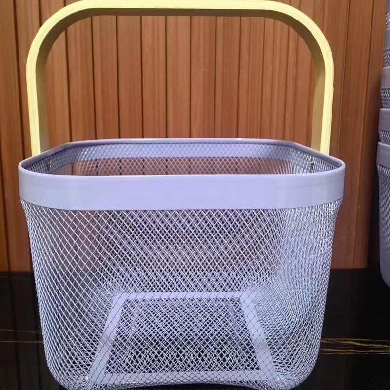 Nordic Light Luxury Iron Portable Storage Basket Wooden Handle Curled Fruit And Vegetable Basket Home Hollow Storage Basket - Image 1