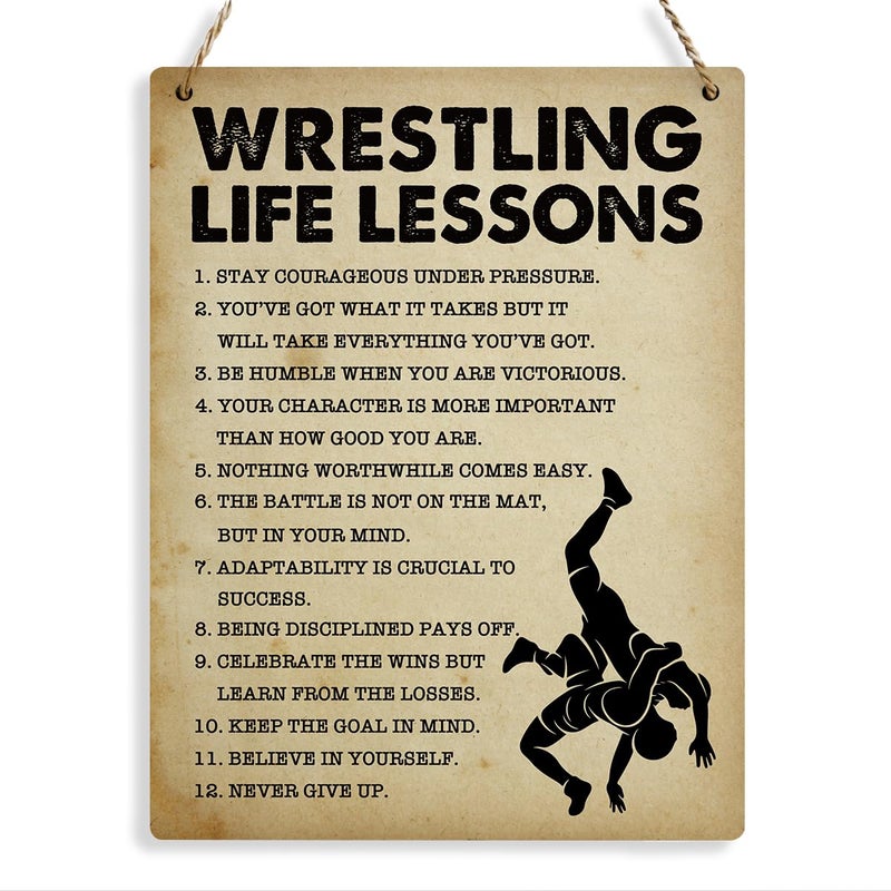 BELLOWDEER Wrestling Life Lessons Wood Sign Inspirational Wrestling Wall Decor Art, Motivational Wrestling Quotes Wall Art Decor Signs for Home Office Bedroom Decoration, Senior Team Gifts, 8x10 Inches - Image 1