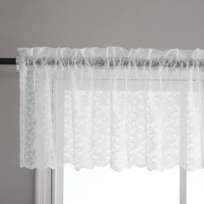 WHITE ROD POCKET LACE VALANCE 52 X 18 INCH 1 PANEL COUNTRY ROSE FLORAL PATTERN KITCHEN