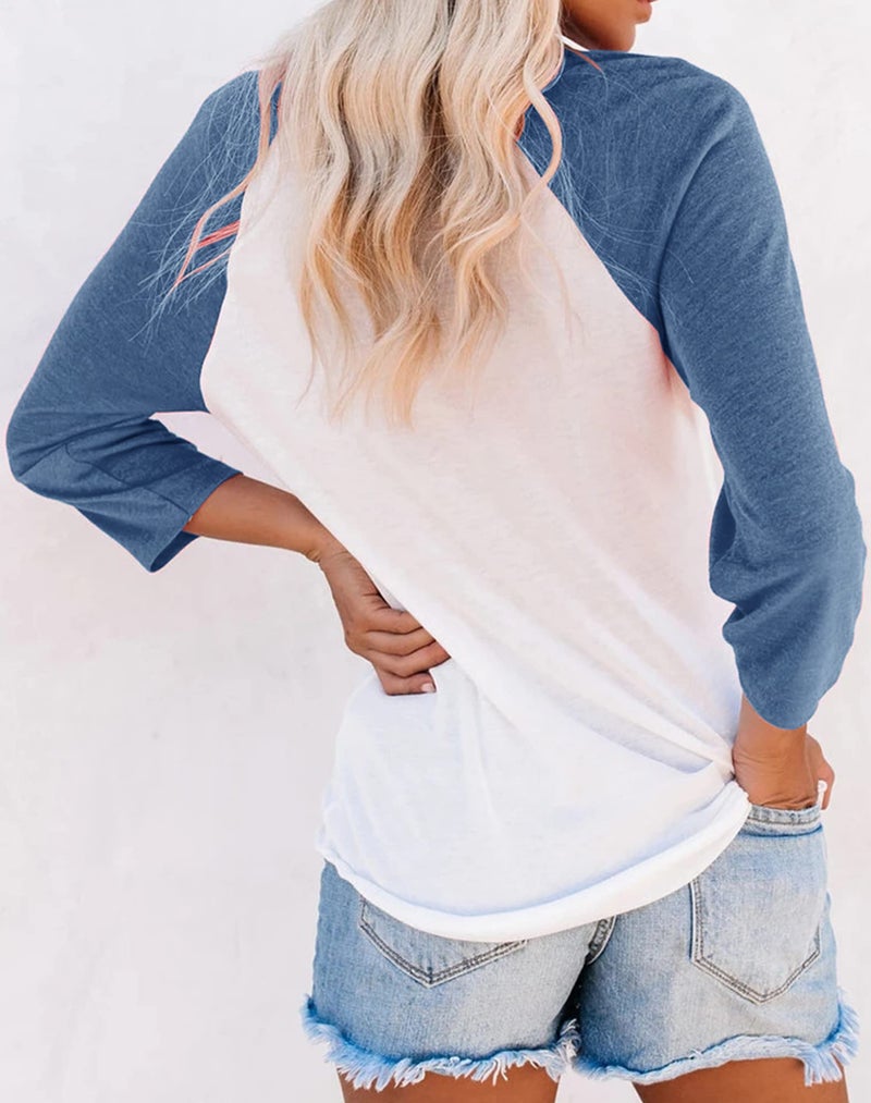 Bingerlily Women's Casual T-Shirts 3/4 Sleeve Color Block Cute Tops Comfy Blouses (Blue,Large) - Image 3