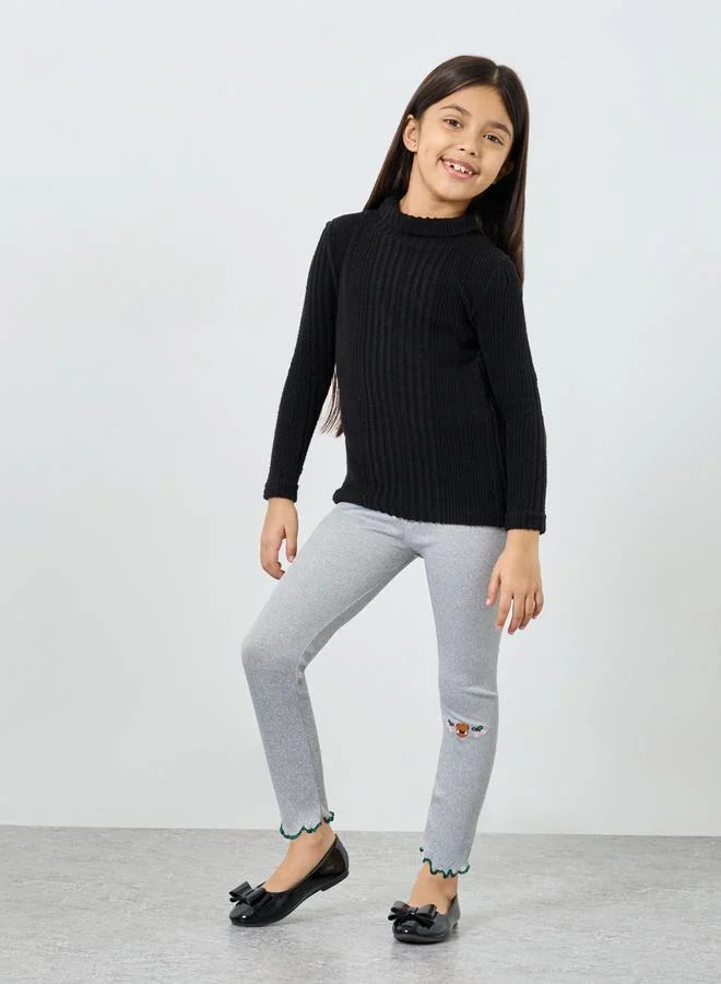 Styli Styli Girls Grey Bear Embroidery Leggings