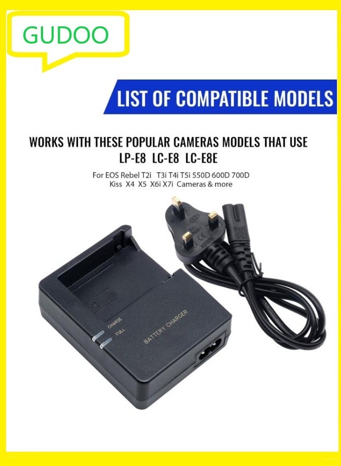 GUDOO شاحن بطارية سريع LC-E8 متوافق مع بطارية LC-E8 LP-E8 لـ T2i T3i T4i T5i 550D 600D 650D 700D X4 X5 X6 X6i X7i، وليس للمتمردين T2، T3، T4، T5 - Image 4