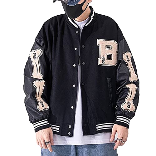 Moshtashio Mens Varsity College Jacket Baseball Bomber Jacket Vintage Sweatshirt Casual Unisex Streetwear Coats with Patch (Black, Large) - Image 1