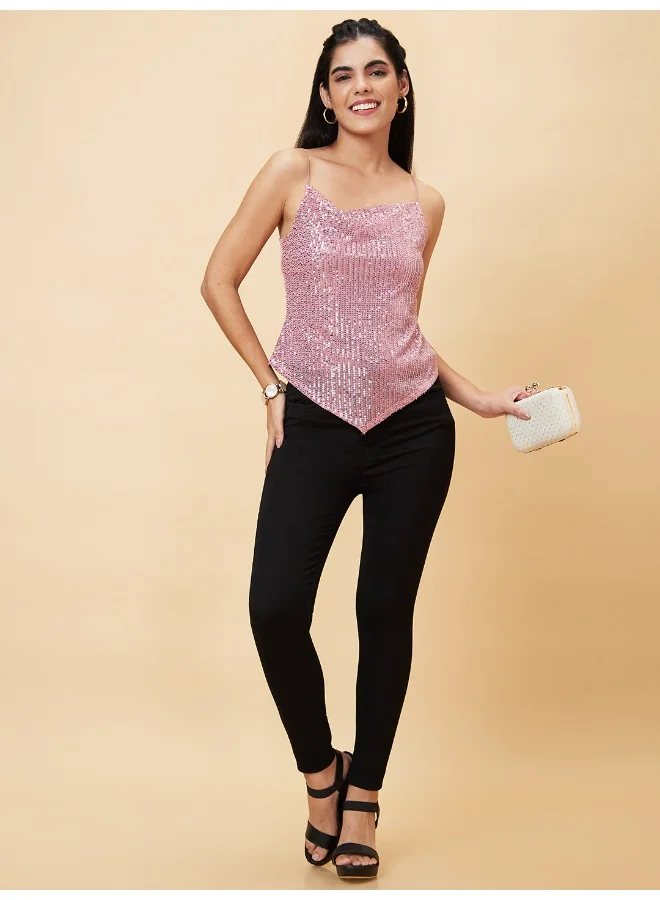 globus Women Asymmetric Hem Sequinned Party Top