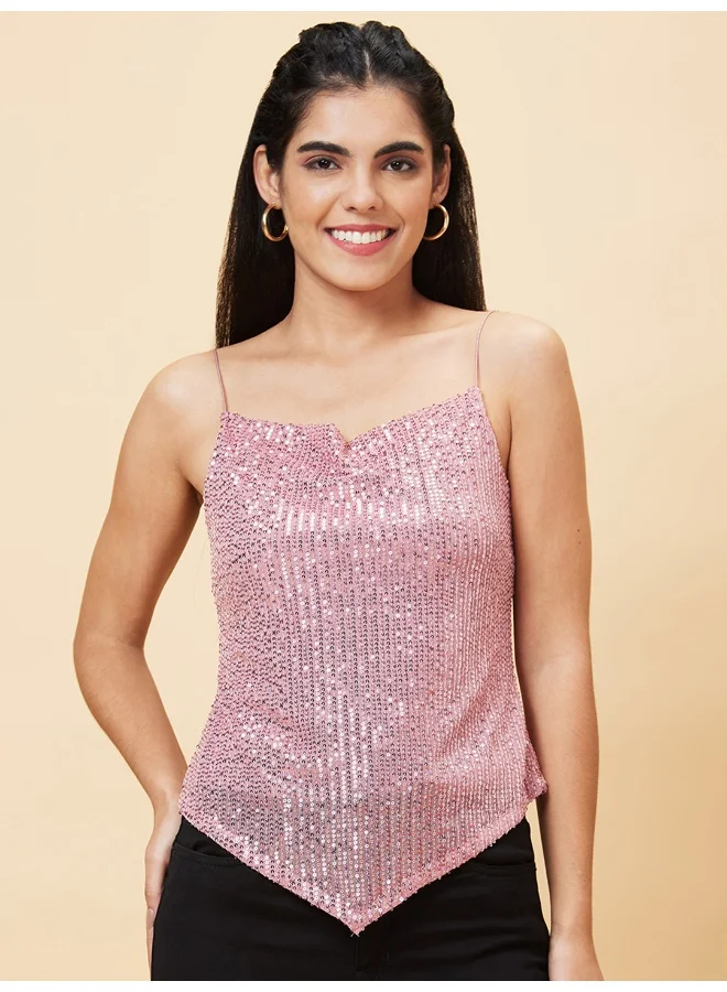 globus Women Asymmetric Hem Sequinned Party Top
