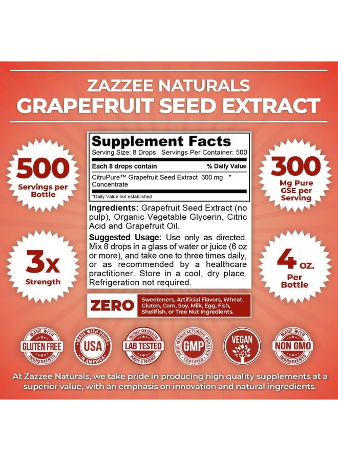 Zazzee Grapefruit Seed Extract (GSE) 4 Ounces | 2X Potency | Maximum Strength | High Absorption | 480 Servings | 100 mg per Serving | Vegan, Liquid Concentrate, Non-GMO and All-Natural - Image 2