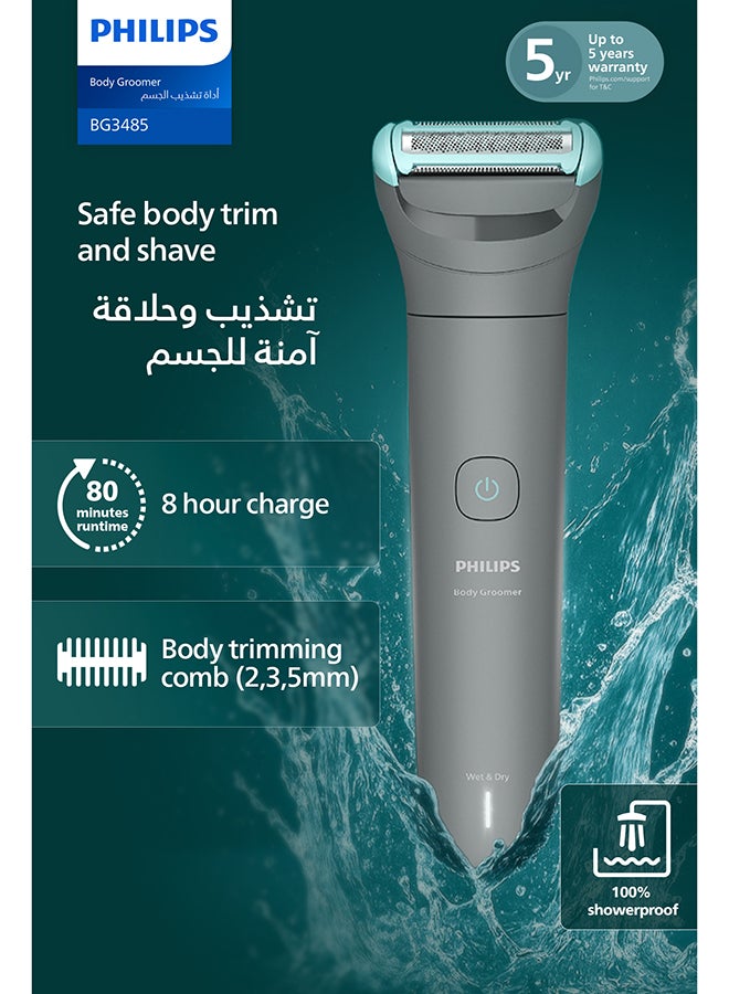 Philips Body Groomer BG3485/15 | Trim & Shave Body Hair & Balls | 100% Showerproof | Skin-Friendly | 2/3/5 mm Combs | 80 min Cordless | Battery Indicator | USB Charging | Easy to Clean Mid Grey - Image 2