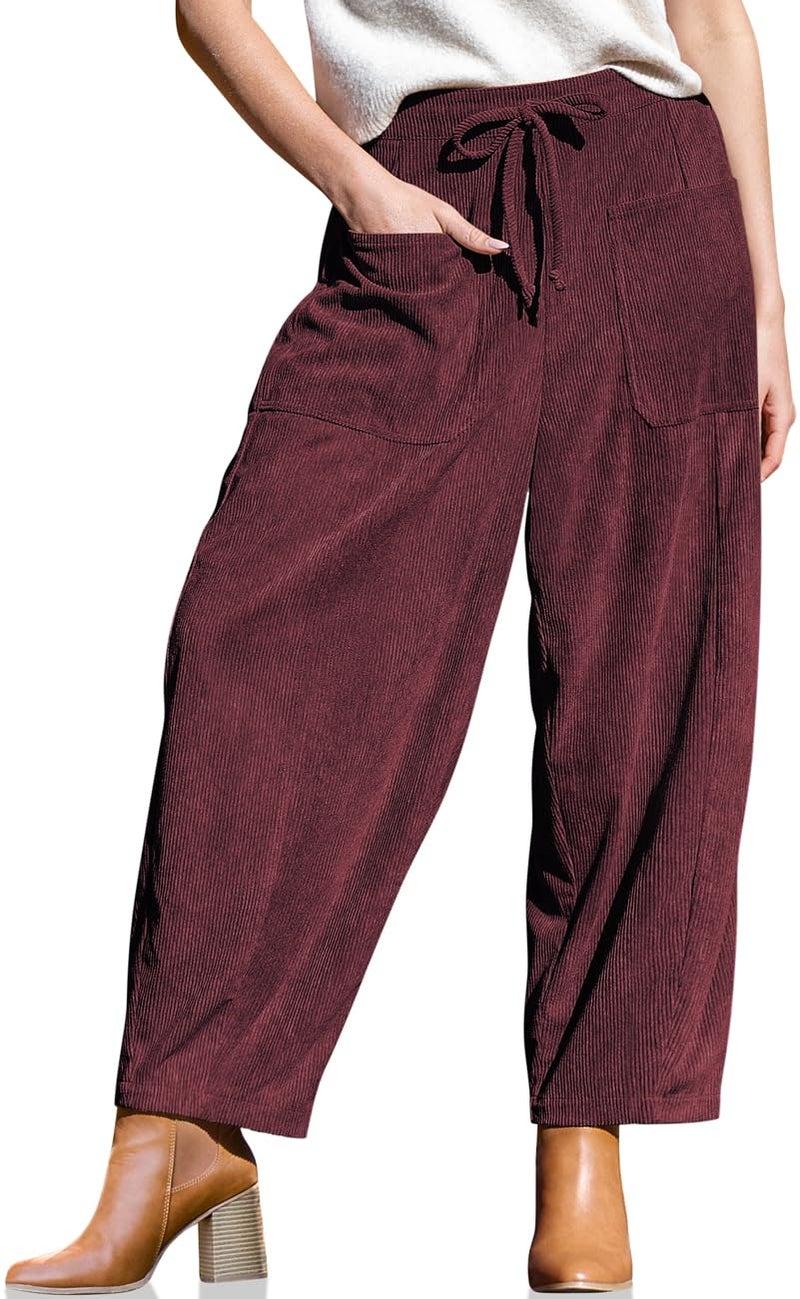 TARSE Women Corduroy Wide Leg Barrel Pants Casual Loose Drawstring Warm Winter Palazzo Harem Pants with Pockets 2025 JujubeRed, L - Image 1