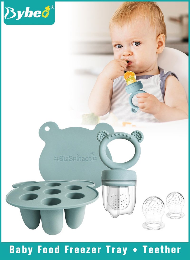 Bybeo Baby Food Fruit Feeder Pacifier + Food Freezer Tray With 2 Replacement Silicone Pouches and Lid, Multi-Purpose Infant Teething Popsicle Molds and Teething Toy Set  - Image 1