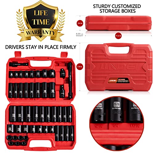 LLNDEI 3/8" Drive Impact Socket Set SAE and Metric (5/16"- 3/4", 8-22mm) 48pcs, CR-V Steel, 6 Point Sockets, Extension Bar (3-in, 6-in), 1/2"F to 3/8"M Reducer Universal Joint - Image 2