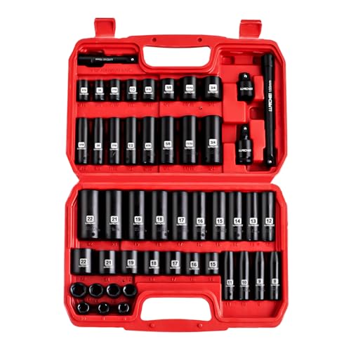 LLNDEI 3/8" Drive Impact Socket Set SAE and Metric (5/16"- 3/4", 8-22mm) 48pcs, CR-V Steel, 6 Point Sockets, Extension Bar (3-in, 6-in), 1/2"F to 3/8"M Reducer Universal Joint - Image 1
