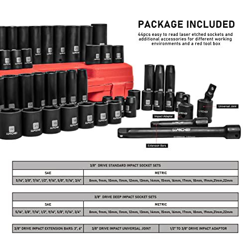 LLNDEI 3/8" Drive Impact Socket Set SAE and Metric (5/16"- 3/4", 8-22mm) 48pcs, CR-V Steel, 6 Point Sockets, Extension Bar (3-in, 6-in), 1/2"F to 3/8"M Reducer Universal Joint - Image 3