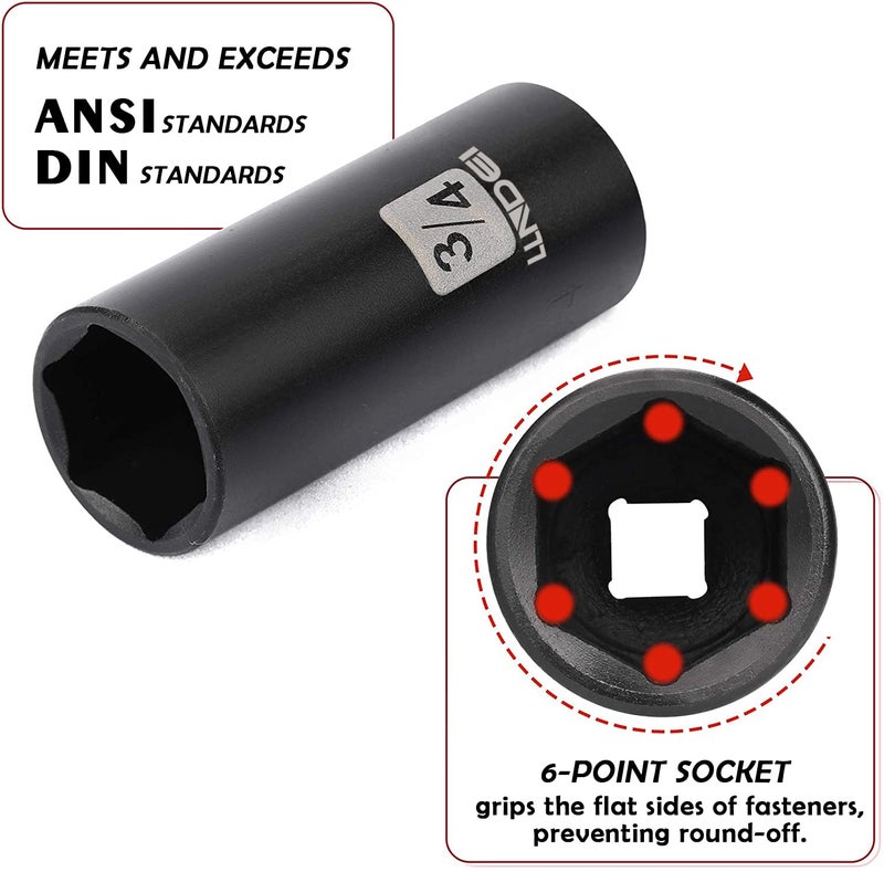LLNDEI 3/8" Drive Impact Socket Set SAE and Metric (5/16"- 3/4", 8-22mm) 48pcs, CR-V Steel, 6 Point Sockets, Extension Bar (3-in, 6-in), 1/2"F to 3/8"M Reducer Universal Joint - Image 5