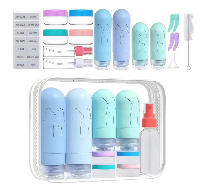 PiyuBind Travel Bottle Set, TSA Approved 60/90ml Silicone Bottles & Cream Jars, Leak-Proof Toiletry Containers, Dispenser for Shampoo, Lotion, Spray Bottle, Travel Accessories Kit (16 Pcs/Blue-Green) - Image 1