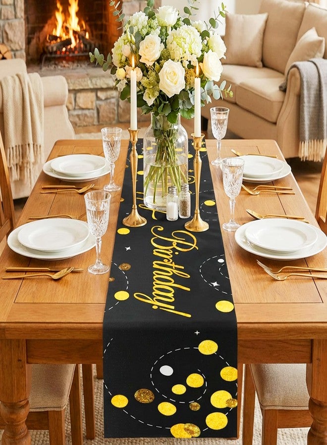 XLIUAX Happy Birthday Table Runner, Black Gold Birth Party Sign Table Runner Vintage Confetti Dining Linen Tables Decoration for Home Kitchen Dinner Party Decor, 72x13In(Black) - Image 2