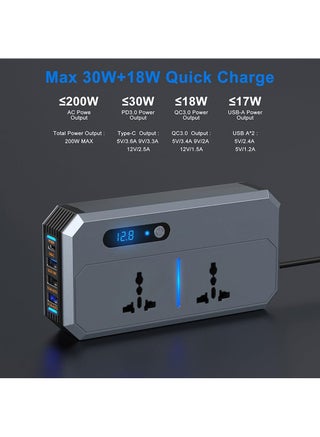 محول طاقة السيارة 200 وات، محول تيار مستمر 12/24 فولت إلى 220 فولت تيار متردد، 3 منافذ USB 1 من النوع C، محول قابس السيارة مع مفتاح وشاشة LED الحالية، مناسب للسيارة والشاحنة - view 2