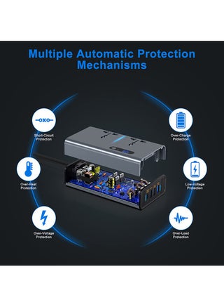 محول طاقة السيارة 200 وات، محول تيار مستمر 12/24 فولت إلى 220 فولت تيار متردد، 3 منافذ USB 1 من النوع C، محول قابس السيارة مع مفتاح وشاشة LED الحالية، مناسب للسيارة والشاحنة - view 4