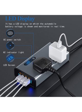 محول طاقة السيارة 200 وات، محول تيار مستمر 12/24 فولت إلى 220 فولت تيار متردد، 3 منافذ USB 1 من النوع C، محول قابس السيارة مع مفتاح وشاشة LED الحالية، مناسب للسيارة والشاحنة - view 3