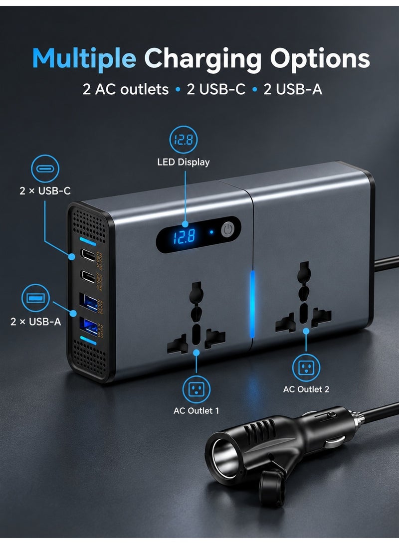 إيزي سو 200W Car Power Inverter DC 12/24V to 220V AC Car Inverter 2 PD Type-C Ports QC 3.0 USB and Auto USB Ports Charger Adapter with Switch and Current LED Screen Suitable for Car Truck - Image 3