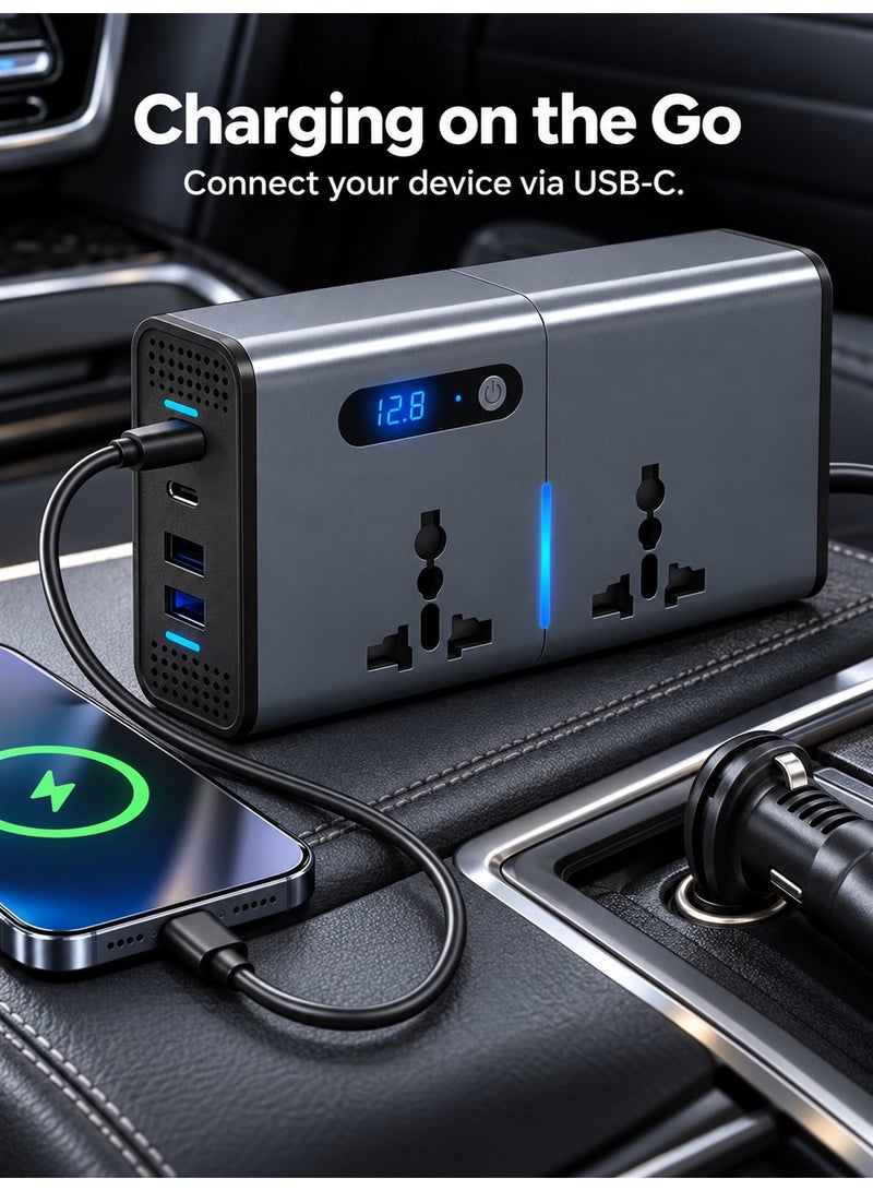 إيزي سو 200W Car Power Inverter DC 12/24V to 220V AC Car Inverter 2 PD Type-C Ports QC 3.0 USB and Auto USB Ports Charger Adapter with Switch and Current LED Screen Suitable for Car Truck - Image 4